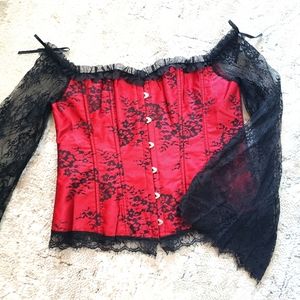 Red Black Print Large Corset Bustier Lace Off the Shoulder Bell Sleeves NWOT